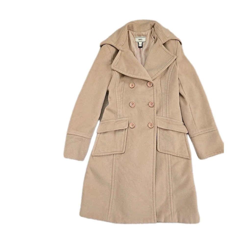 Mango MNG Beige Wool Blend Long Sleeve Double Breasted Trench Coat‎ Jacket S